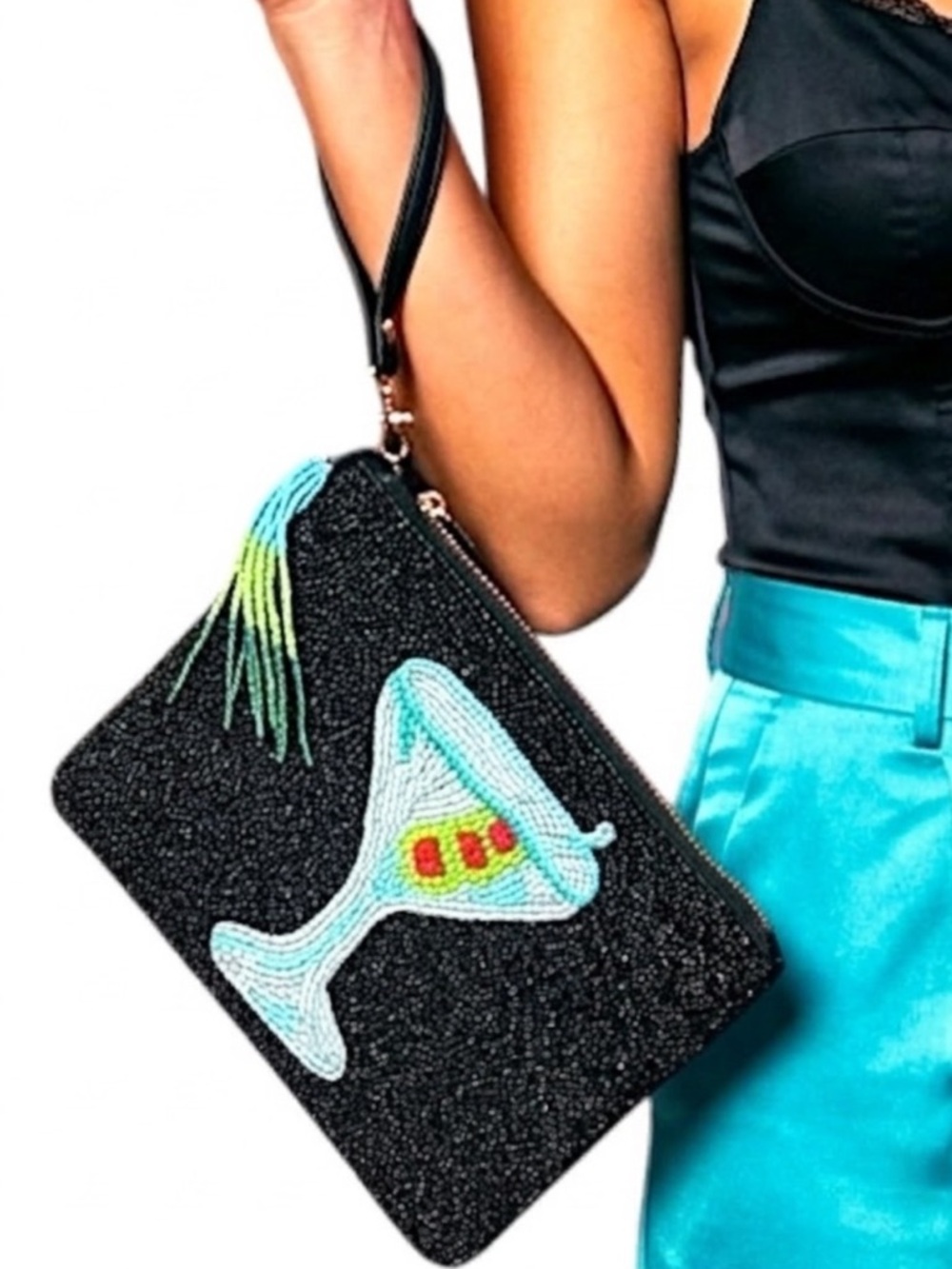 Sincerely Jules Beaded Martini Wristlet statement piece black green blue NWOT